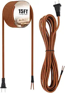 15ft Lamp Cord with Plug 18/2 SPT2 Brown Weave Stripped End Wire