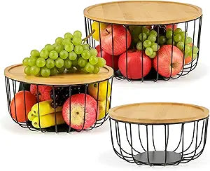 WELTOKE 3 Pack Fruit Basket For Kitchen Counter,Stackable Mesh Fruit Basket With Bamboo Lid,Large Fruit Bowl For Fruit And Vegetable Storage,Pantry Organizers