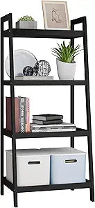 SMIBUY Bamboo Ladder Bookcase, Bathroom Storage Rack Organizer, 4 Tier and 5 Tier Freestanding Plant Display Stand Space Saver Shelves for Bedroom, Kitchen, Balcony (Black, 4 Tiers (39" H))