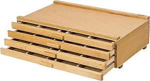 DJAR Basic 4-Drawer Art Supply Storage Box, Portable Premium Beech Wood Organizer Box for Pastels, Pencils, Pens, Brushes, Stamp, Art Storage with Removable Dividers, Natural