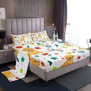 Erosebridal Dog Sheet Set Cartoon Dogs Golden Retriever Sheets Full for Kids Teen Girls Cute Animal Print Top Fitted Sheet Colorful Flowers Leaves Bed Sheets Set Soft All Season