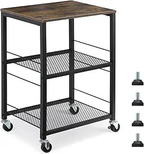 MOOACE Rustic 3 Tier End Table with Wheel, Side Table Nightstand Storage Shelf for Bedroom Kitchen Living Room and Office, Stable Metal Frame, Wood Top, Easy Assembly - Brown&Black