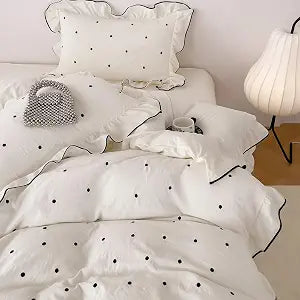 AOJIM Vintage Black Polka Dot Duvet Cover Twin, 3-Piece Cottagecore Ruffled Bedding Set - Soft Breathable Washed Microfiber Beige Comforter Cover with Zipper Closure & 2 Pillowcases for All Seasons