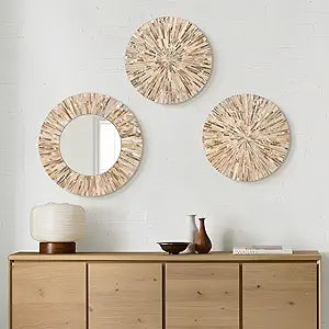 Boho Decorative Mirror for Living Room, 3PCS Handcrafted Mother of Pearl Mirror Wall Decor for Home Dorm Apartment Hallway Staircase, Mosaic Art Plates for Wedding Decoration (Dark Brown)