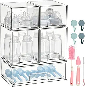 POLRAI 5 Pack Baby Bottles Organizer with Brush and Hooks, Stackable Acrylic Storage Boxes for Baby Bottles, Makeup, Small Items, Clear Storage Containers for Kitchen, Bathroom, Bedroom, Cabinet