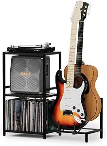 YAKANJ End Table with Guitar Stand,Record Player Stand,Vinyl Records Storage,2-Tier Guitar Stand for Acoustic, Electric Guitar,Bass,Turntable Stand Side Table for Music Room Studio Living Room-Black