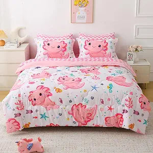 Girls Pink 7 Piece Axolotl Comforter Set for Kids Twin Size Kawaii Axolotl Bedding for Teen 3D Animals Colorful Bed Set (Comforter,Flat Sheet,Fitted Sheet and Pillow Sham)