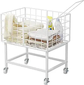 WOWLIVE Rolling Laundry Hamper with Wheels, 80L Heavy Duty Laundry Basket with Handle, Metal Wire Frame Laundry Cart, Dirty Clothes Hamper Organizer Dorm Room Storage for Bedroom, Bathroom, White
