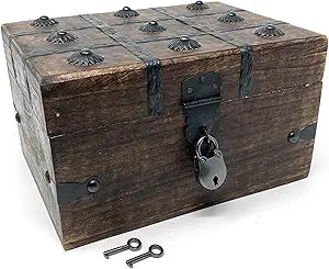 Nautical Cove Treasure Chest Wooden Box with Antique Iron Lock and Skeleton Key (Small 8x6x4.5) - Storage and Decor  Pirate Keepsake Chest, Decorative Storage Box with Hinged Lid