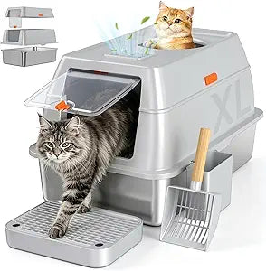 Extra Large Stainless Steel Litter Box with Lid, High Sided Enclosed Metal Cat Litter Pan, Dog Proof Front Entry Top Exit, Odor Control Easy Clean Leak Proof, Includes Scoop & Step, Light Gray
