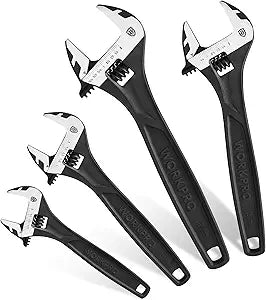 WORKPRO 4-piece Adjustable Wrench Set, 6-inch, 8-inch, 10-inch, 12-inch, Cr-V Steel, Corrosion-Resistant Black Oxide Finish for Automotive Plumbing and Household Repairs