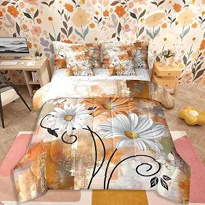Rustic Farmhouse Comforter Sets Farm Floral Bedding Set 7 Pieces Country Fall Flower Bed In A Bag for Bedroom Decor,Flowers Butterfly Wooden Bedding Yellow Grey Orange Sheet Set With Comforter,Queen