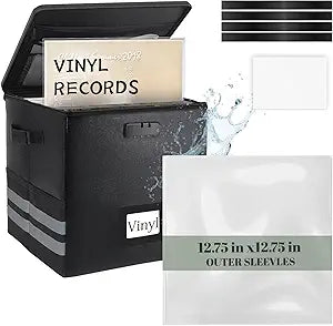 Vinyl Record Storage with 100 Record Sleeves, Fireproof & Water Resistant Record Organizer Box with Lock, Wrinkle-Free Vinyl Clear Sleeves Outer Protective Kits Covers 12.75" Albums 3 Mil Thick