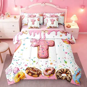 Erosebridal Letter T Comforter Set, Pink Bow Donut, Full 7 Pieces