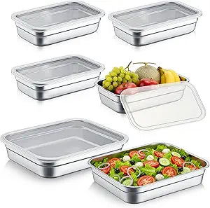 LemonRoad 6 Pack 1/4 1/2 Size 304 Stainless Steel Food Storage Containers with Lids 2.5 Inch Deep Stainless Steel Freezer Pans Hotel Pans Stackable Kitchen Restaurant Supplies Storage for Home, Buffet
