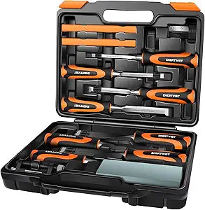 ENERTWIST 13pcs Wood Chisel Set, Premium Woodworking Chisel Sets w/ 8 CRV Construction Wood Chisels, 1 Sharpening Stone, 1 Honing Guide, 2 Carpenter Pencils, 1 Sharpener for Wood Carving in Hard Case