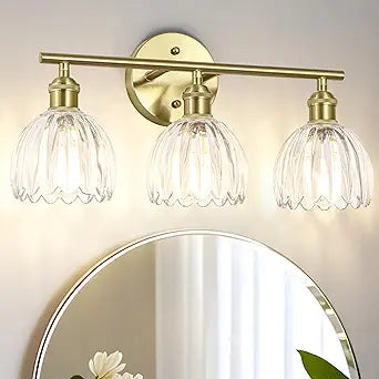 Vintage Bathroom Light Fixtures,3-Light Hardwired Vanity Lights with Clear Tulip Glass Shade,Gold Bathroom Vanity Light for Mirror Restroom,E26 Socket,18.5 in(Bulbs Not Included)