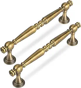 Urnew-5 Pack Antique Brass Kitchen Cabinet Handles, 5-inch (128mm) Solid Brass Vanity Dresser Drawer Pulls, Cabinet Bifold Door Furniture Hardware