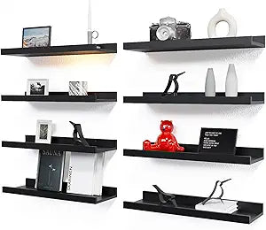 RICHER HOUSE 8 Set Black Floating Wall Mounted Shelves, Nursery Hanging Book Shelves with Lip for Storage, Black Display Picture Ledge Shelf for Bedroom Bathroom Kitchen Living Room Wall Decor