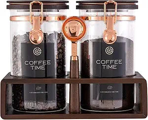 Glass Coffee & Sugar Canister Set, 245OZ Airtight Glass Storage Jars with Wooden Shelf and Scoop, Airtight Food Containers for Coffee Beans, Ground Coffee, Sugar and TeaRose Gold
