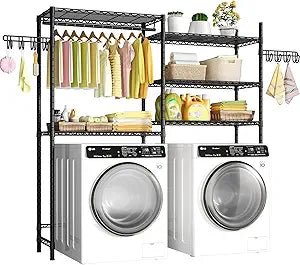 Ulif 65.3" W x 13.4" D x 77.5" H Clothes Drying Rack, 5 Tiers Over Washer and Dryer Laundry Room Storage and Organizer, Heavy-Duty Space Saver, Black