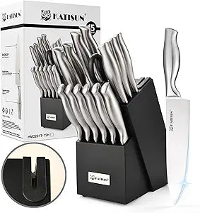 Knife Set, 15-Piece Kitchen Knife Block Sets with Built-in Sharpener, German Stainless Steel Knife Block Set, Dishwasher Safe