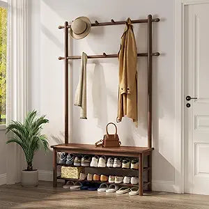 AQIMUELE Coat Rack with Shoe Storage, Wooden Hall Tree with Bench, 11 Hooks and 2-Tier Storage Shelves, 3-in-1, Entryway Bench with Coat Rack (39.3"-Walnut)
