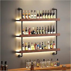 Large Wine Rack Wall Mounted with LED Light, Solid Wood Bar Shelves Wall Mounted, 3-Tiers Liquor Bottles Floating Shelves Display Storage Organizer for Home Bar, Dining Room(31.4 inch)
