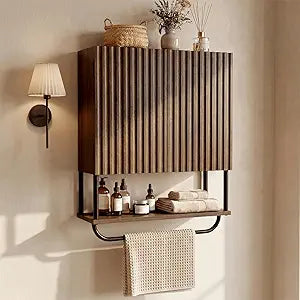 FerniTry Farmhouse Fluted Bathroom Wall Cabinet,3-Tier Curved Profile Wooden Medicine Cabinet with 2 Doors,Over the Toilet Storage Cabinet Walnut Wall Mounted with Adjustable Shelf and Towel Bar