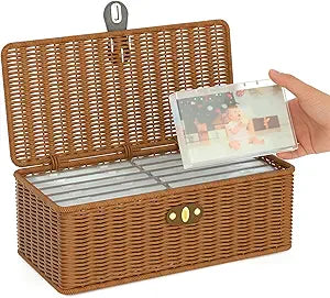Decorative Photo Storage Box, Inner 12 Plastic Photo Case Hand Crafted Photo Organizer, Vintage Rattan Look Storage Container for 4x6 Photos, Keepsake Box for Pictures Stickers Postcards Scrapbooking