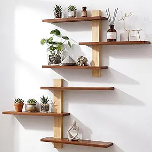 Pinkunn 2 Pack Wood 3 Tier Floating Shelf Large Minimalist Wall Shelves Mid Century Modern Furniture Wall Mount Shelf Art Decor Rustic Shelving for Bedroom Living Room Office Home(Natural Wood)