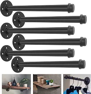 6 Pack Industrial Pipe Shelf Brackets 12 Inches Iron Pipe Floating Shelf Bracket 12 Inch Black Heavy Duty Wrought Metal Shelfs Bracket Wall Shelves Brackets for Garment Rack Vintage Furniture