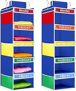2 Pcs Weekly Kids Clothes Organizer Day of Week 5 Shelf School Clothing Storage Monday to Friday Hanging Closet Organizer(Blue)