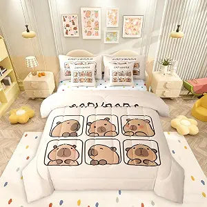 Erosebridal Capybara 7 Piece Bedding Set Twin Size,Cute Animal Bed in a Bag,Capybara Lovers Bed Set Includes Comforter, Sheet Set, Pillowcases & Pillow Covers All Season Bedroom Decor