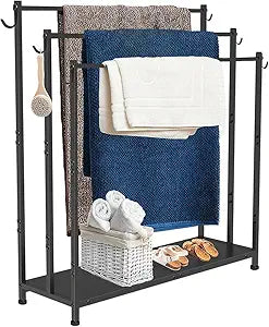 Extra Large Free Standing Towel Rack with Metal Storage Shelf & 6 Hooks for Bathroom, 3 Tiers Heavy Duty Blanket Drying Stand Holder for Outdoor Pool, Bedroom, Living Room, Black