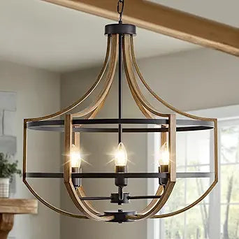 23.6" Farmhouse Chandelier for Dining Room, 6-Light Rustic Brown Faux Wood Pendant Light Fixtures, Black Frame Foyer Chandelier for Entryway Kitchen Island Bedroom Living Room