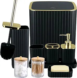 Bathroom Accessories Set-9PC Set with Toilet Brush, Trash Can, Soap Dispenser, Q-Tip Holder | Modern Home Bath Essentials (Black, Bath Set)