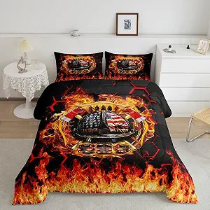 Castle Fairy Teens Firefighter Comforter Set Fire Engine Red Axe Bedding Set Burning Flame Bedding Home Decor Red Black Honeycomb Comforter Full Size 3 Pieces Quilted Duvet Set with 2 Pillowcase