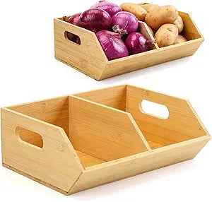 2 Set Bamboo Storage Bins, Pantry Organizers and Storage, Kitchen Countertop Organization and Storage Basket for Produce, Onions, Potatoes, Garlic, Fruits, Vegetable and Bread