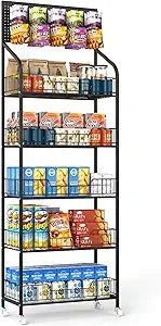 Retail Snack Display Stand,5-Tier Black Metal Storage Shelf Brackets with Wheels & Hooks,Metal Storage Shelves Heavy Duty, Retail Display Shelves Racks,Snack Organizer Stand Display Supplies
