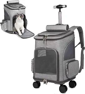 Wheeled Pet Carrier Backpack Pet Stroller, Travel Carrier, Car Seat for Small Dogs Cats Puppies, Comfort Cat Backpack Removable Rolling Wheels  Mesh Ventilation Windows (Grey)