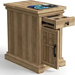 Farmhouse End Table with Charging Station, Rustic Wooden Nightstand with USB Ports and Outlets, Storage Drawer and Cabinet, Narrow Side Table for Living Room, Natural