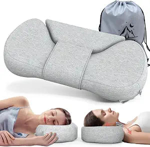Cervical Neck Roll Pillow, Say Goodbye to Neck Pain, Travel Neck Support Pillow for Side Sleepers, Ergonomic Memory Foam Camping Pillow, Cervical Traction Device with Storage Bag (Gray)