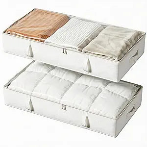 Vailando Storage Containers, 8 Inches Tall 80L Underbed Storage Bins with Sturdy Handles and Sidewalls, Closet Organizer for Clothes, Blankets, Seasonal Items, Beige, 2-Pack