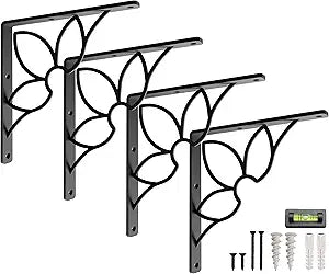 L Brackets for Shelves by Balin Designs for 8 inch -10 Flower Style Shelves  Heavy Duty Decorative Shelf Brackets - Antique Rustic Farmhouse Mantel Shelf Bracket - Included Hardware - Set of 4