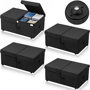 Geelin 4 Pcs Under Bed Storage with Wheels 10" High Underbed Containers with Lids Large Rolling Under Bed Organizer with Handles Underbed Clothes Storage Bins for Clothes Blankets Shoes (Black,24'' L)