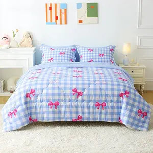 Wajade Bow Comforter Set 7 Piece Blue Gingham Plaid Comforter Sets for Girls Kids Twin Size Checkered Bedding Set with Sheet and 2 Pillowcases 2 Pillow Shams Cute Girls Bed in a Bag as Birthday Choice
