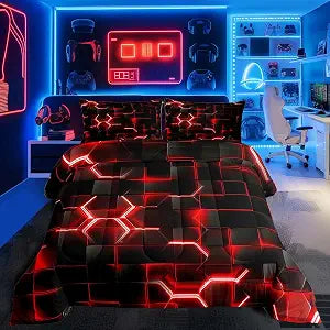 Feelyou Red and Black Bedding Set Full Size Honeycomb Comforter Set for Kids Boys Girls Decor Hexagon Theme Comforter Geometrical Beehive Duvet Set