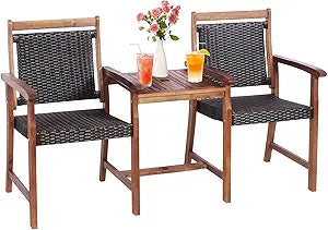 Tangkula Acacia Wood Garden Bench, Patiojoy Rattan Companion Loveseat Chair with Coffee Table and Parasol Hole, 2-Seater Outdoor Conversation Furniture Set for Backyard, Poolside, Balcony (Brown)