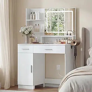 Vanity Desk with LED Mirror and Lights, Makeup Vanity Table with Power Outlet, Drawers, Cabinet, Dressing Table with Open Storage Shelves for Bedroom, Dressing Room, White